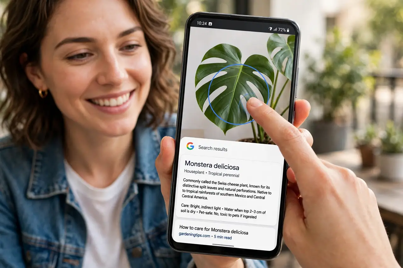 a person holding a real Android phone with a finger circling an object on screen and search results popping up with legible text, the person's face delighted.