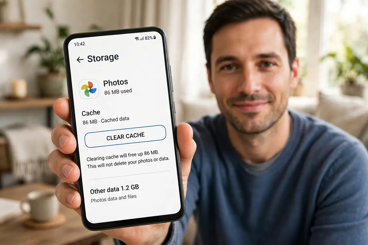 Clear an App's Cache Without Losing Data — a calm adult holding a real Android phone showing an app's storage screen with the Clear Cache button in fully