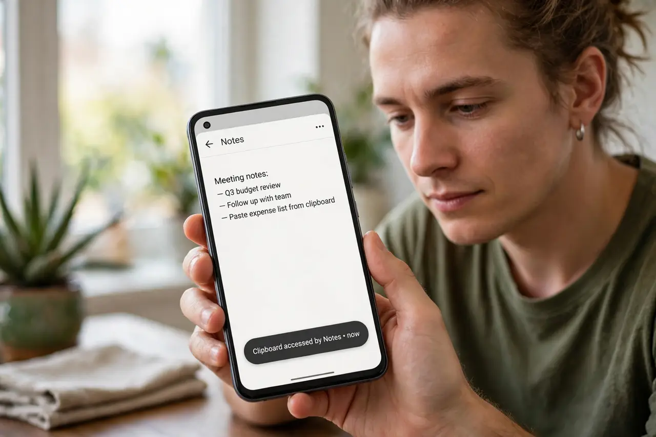 A person performing step 1: Notice the alerts when they appear. Android 12+ shows a toast every time an app reads your clipboard; iPhone s.