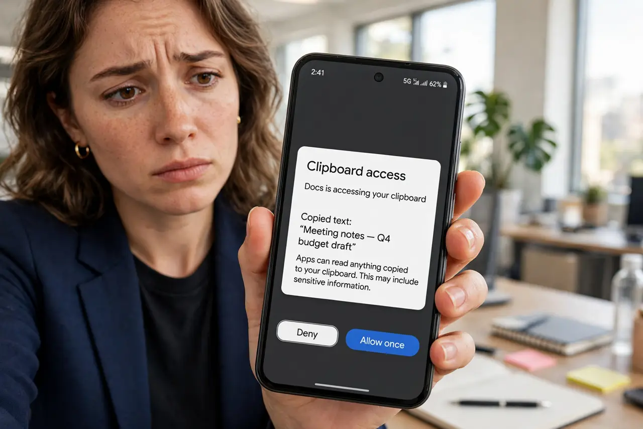 A person holding a real Android phone showing a clipboard access alert notification with legible text, the person's face alert and concerned, office.