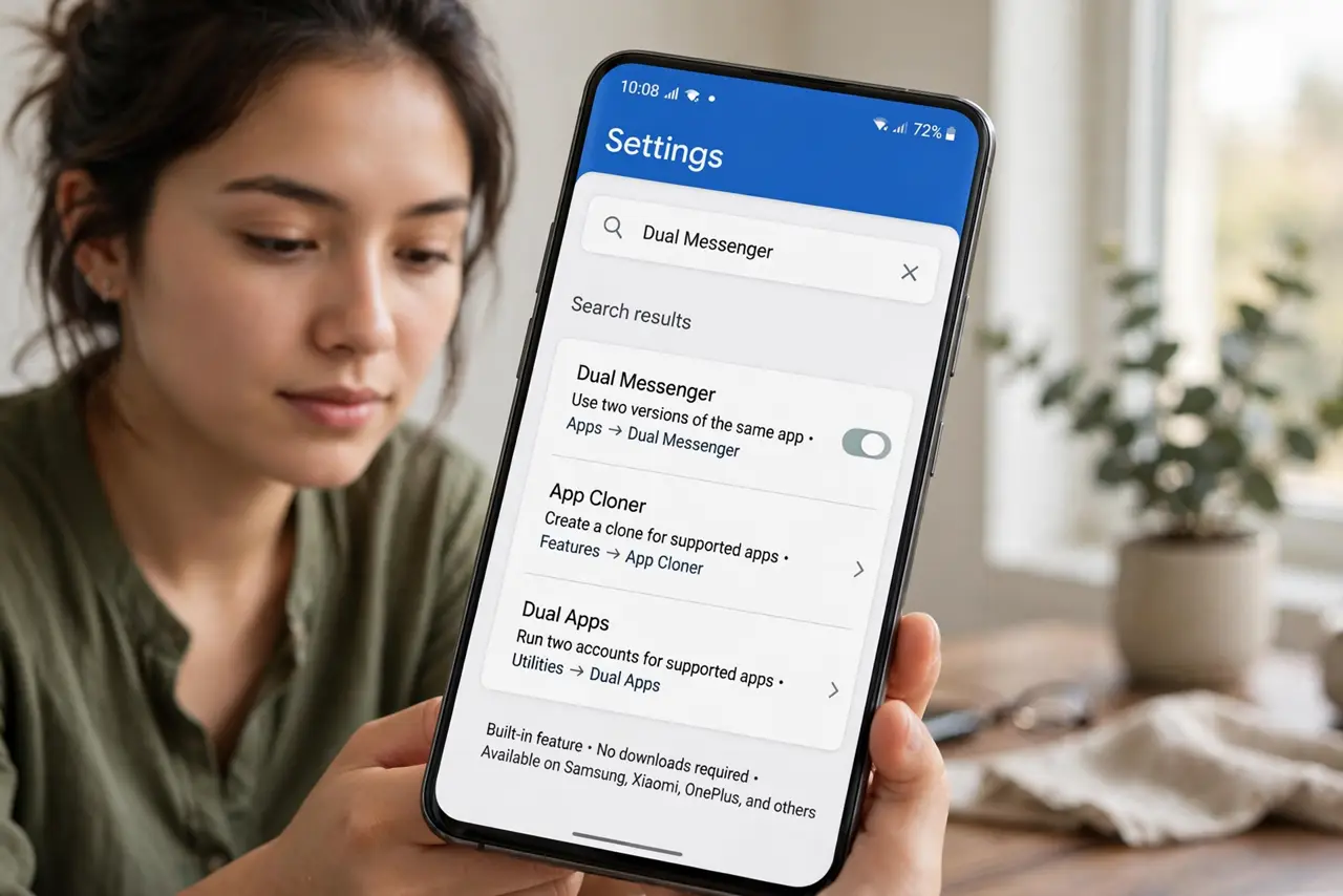 A person performing step 1: Check for built-in cloning. Open Settings and search for “Dual Messenger,” “App Cloner,” or “Dual Apps.” Samsu.