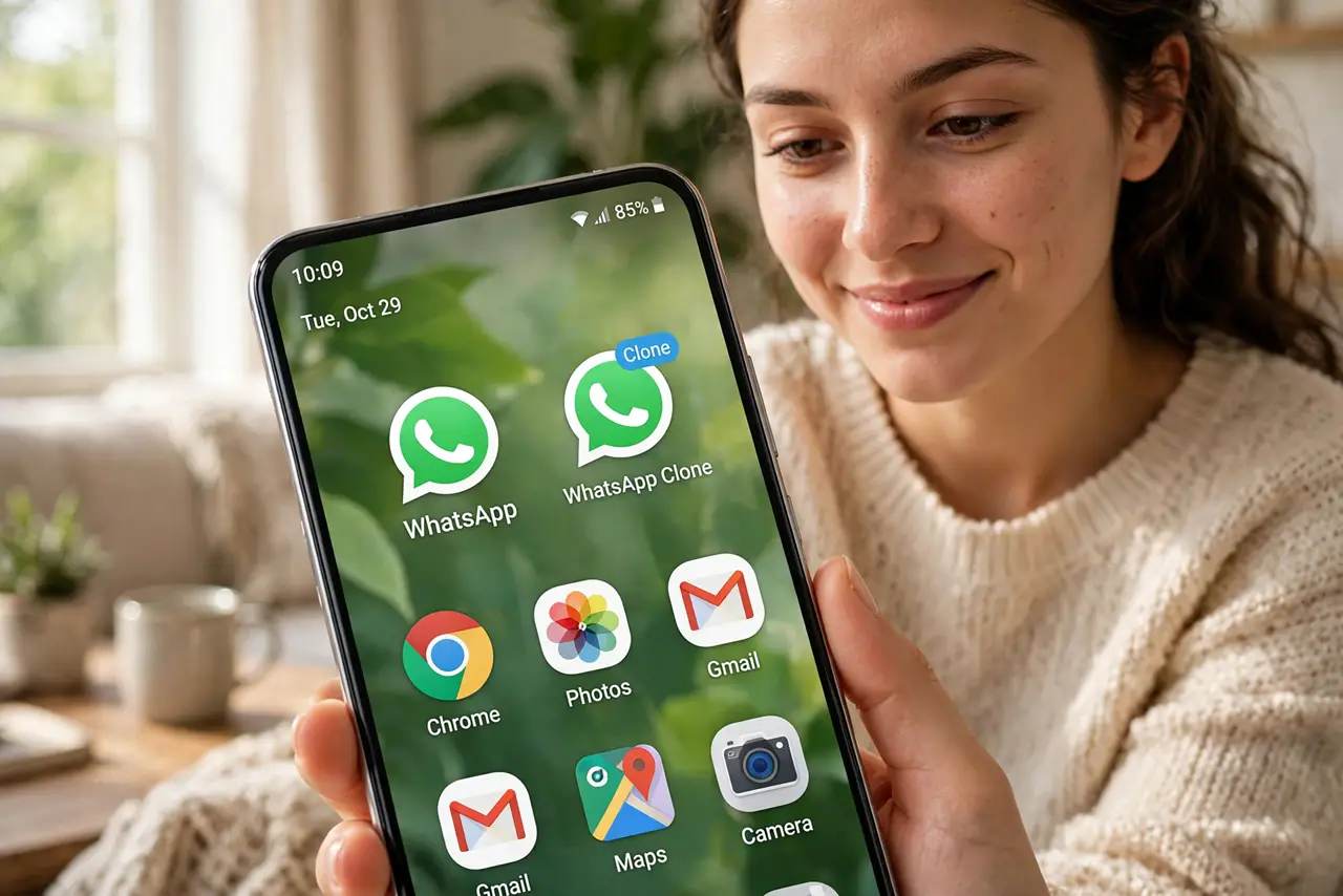 A person looking at a real Android phone home screen showing two WhatsApp icons side by side, one with a small clone badge, the person's face pleased, home.