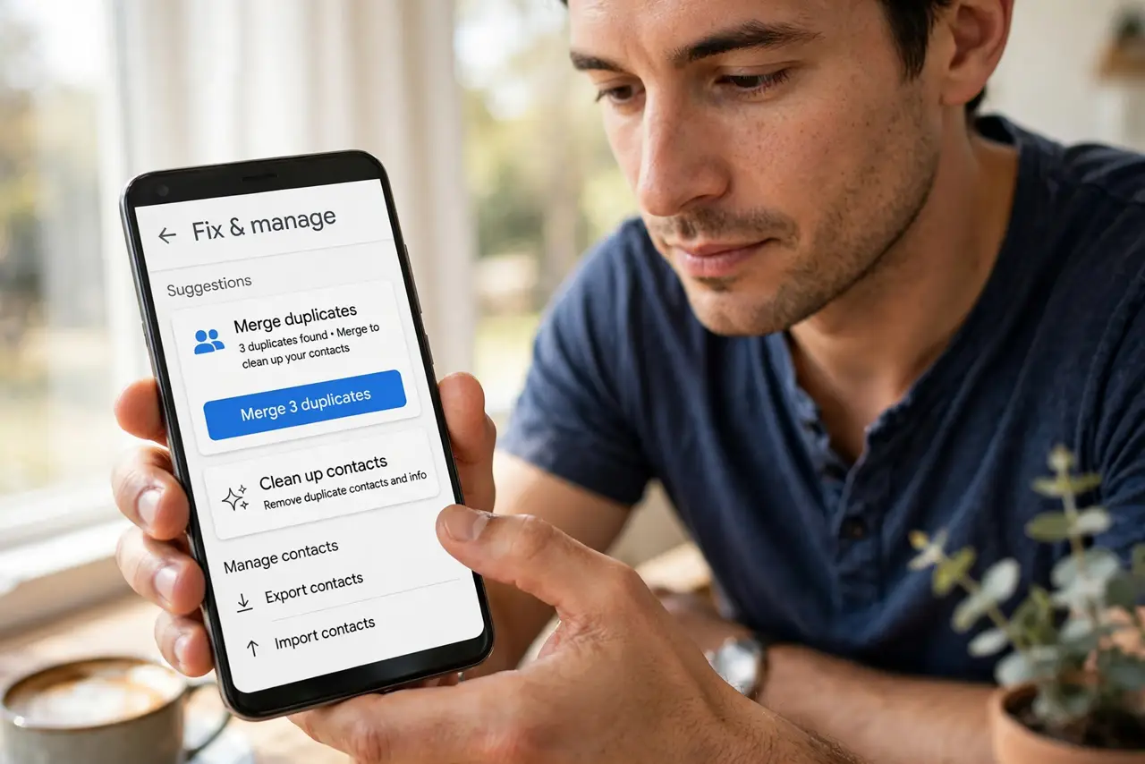 Step 1 in action for Contacts Duplicated From the SIM: Open the merge tool. In the contacts app, find 'Merge duplicates' or 'Fix & manage.' Googl