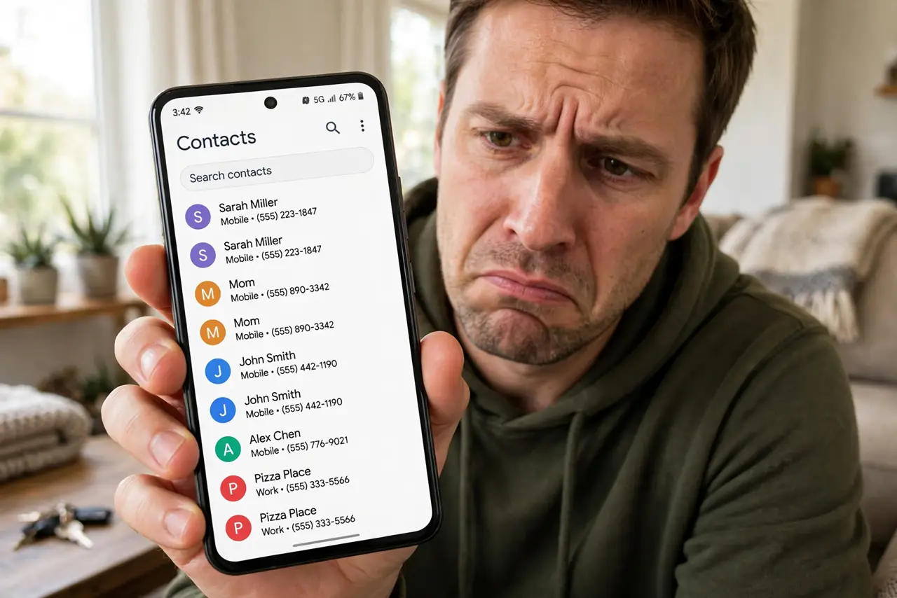 Contacts Duplicated From the SIM — an annoyed adult holding a real Android phone showing a contacts list with duplicate entries in fully legible