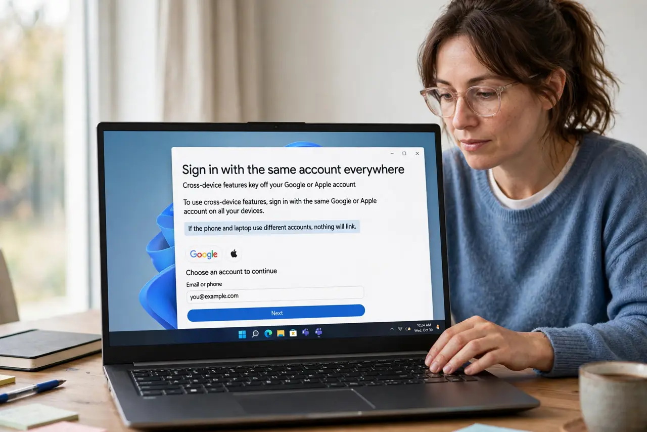 A person performing step 1: Sign in with the same account everywhere. Cross-device features key off your Google or Apple account. If the p.