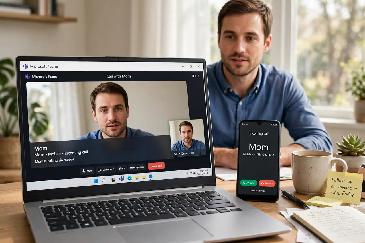 A person working on a real laptop with a real Android phone beside it showing an incoming call screen with legible caller info, the person's face answering calmly.