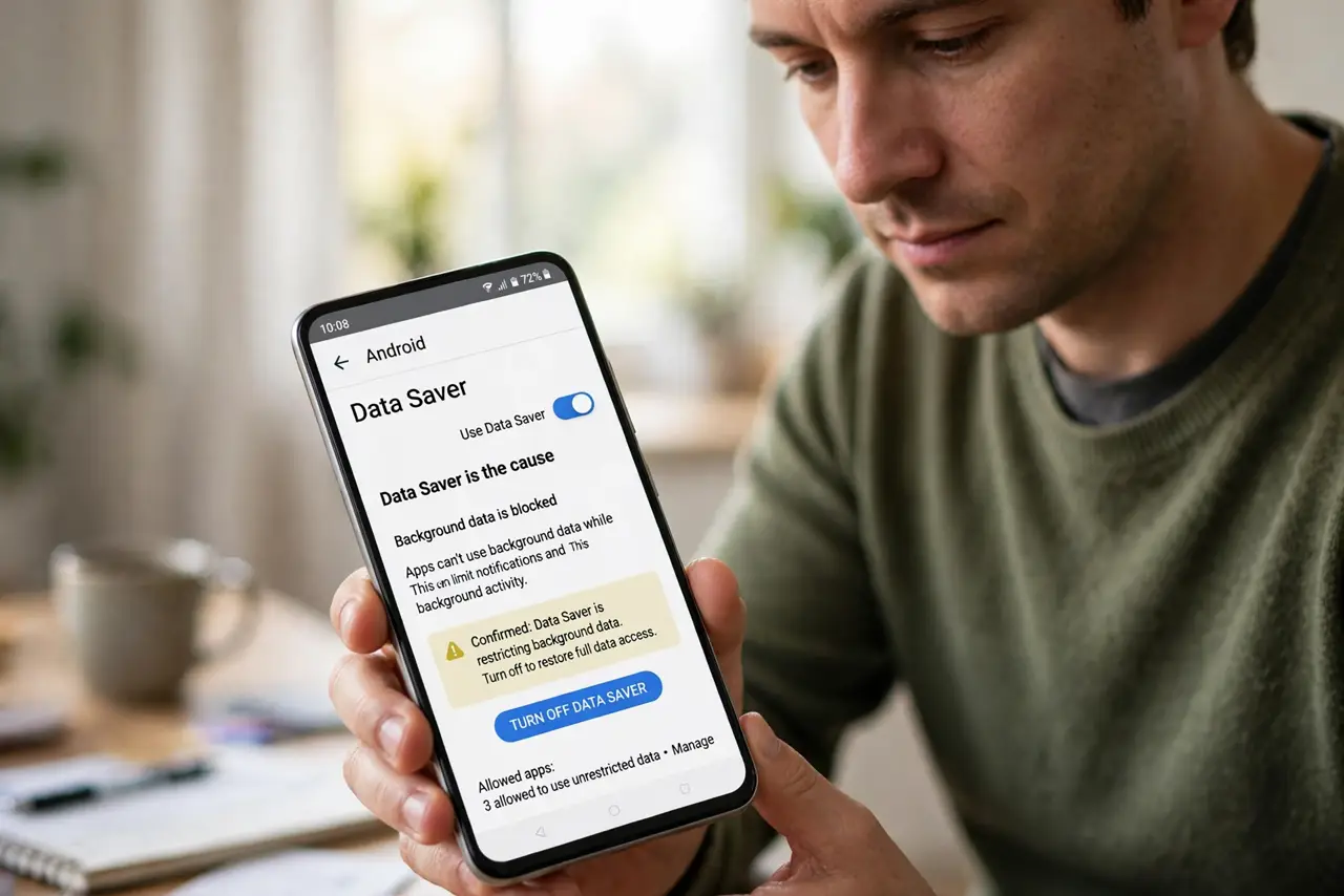 Step 1 in action for Data Saver Blocks Background Sync: Confirm Data Saver is the cause.