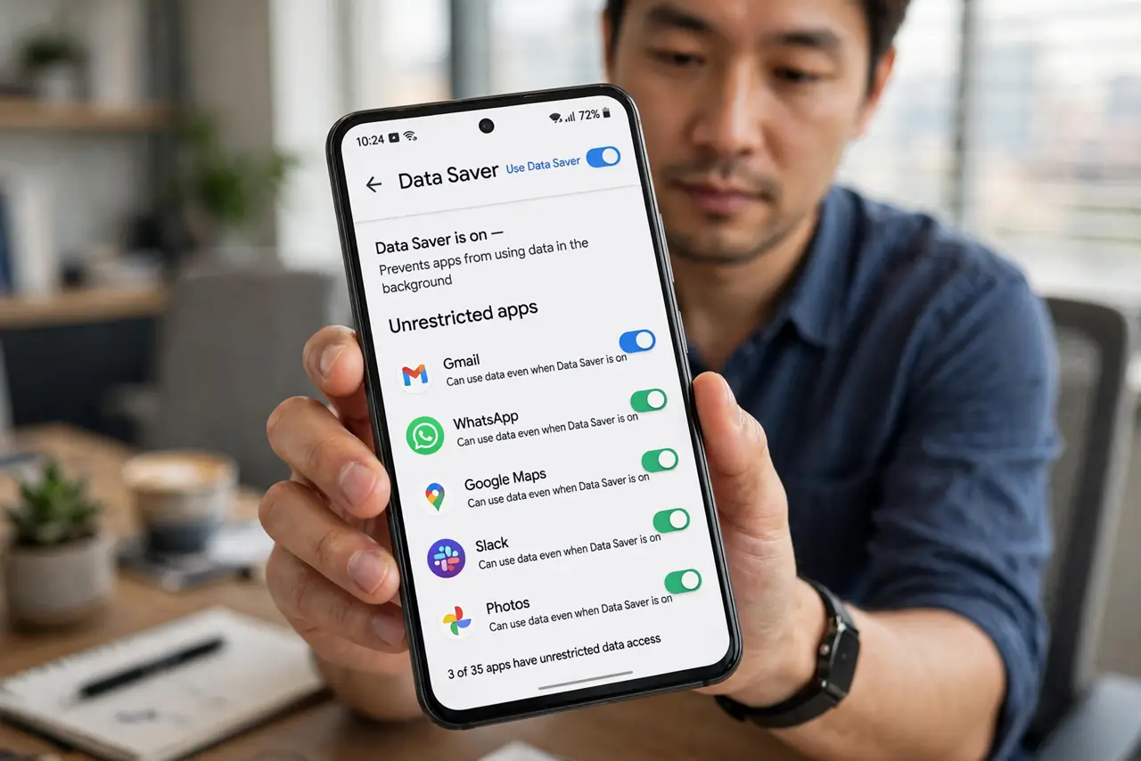 Data Saver Blocks Background Sync — a calm adult holding a real Android phone showing Data Saver settings with unrestricted apps listed in fully l
