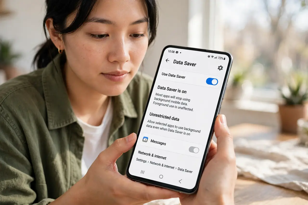 A person performing step 1: Turn on Data Saver. Go to Settings > Network & internet > Data Saver and enable it. Most apps immediately stop.