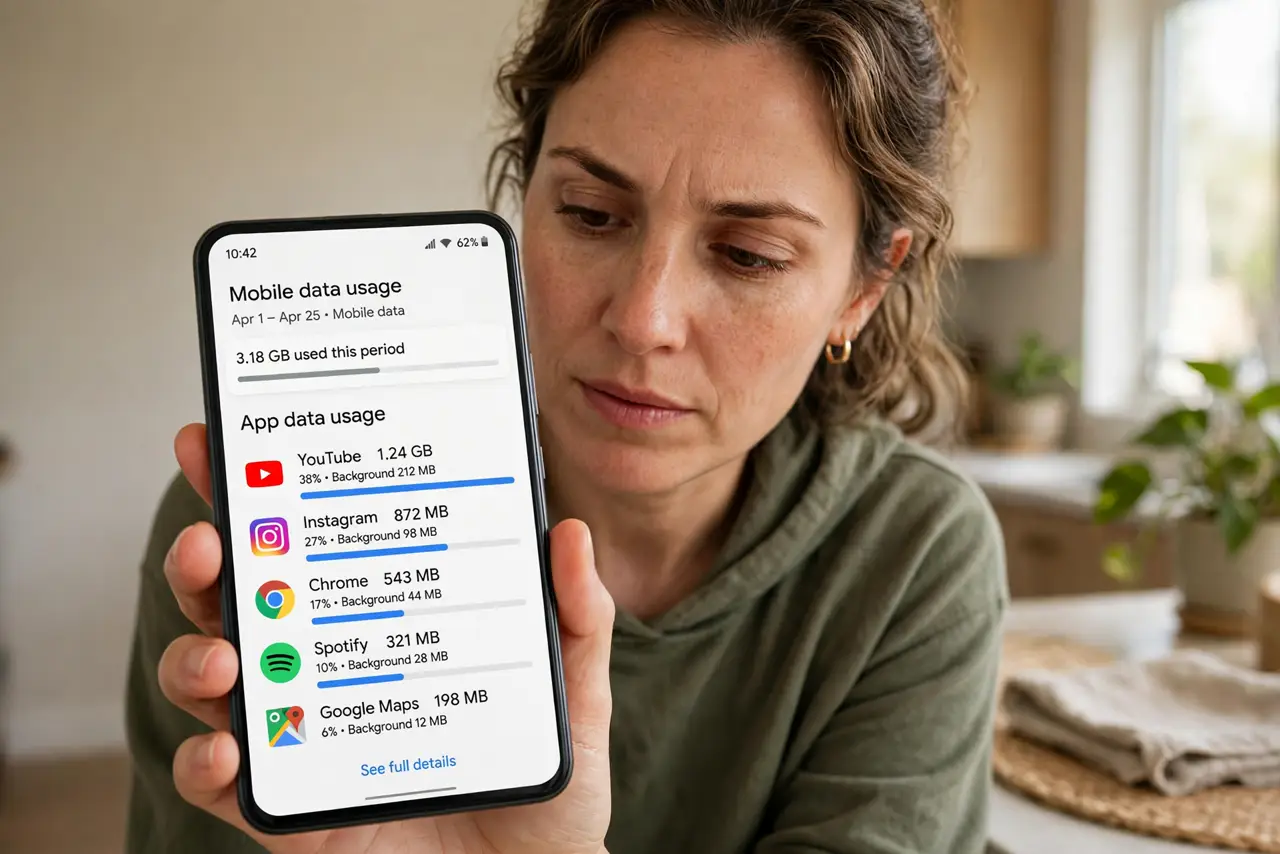 A person checking real Android mobile data usage stats on a real phone showing per-app consumption bars, the person's face surprised then determined, home.