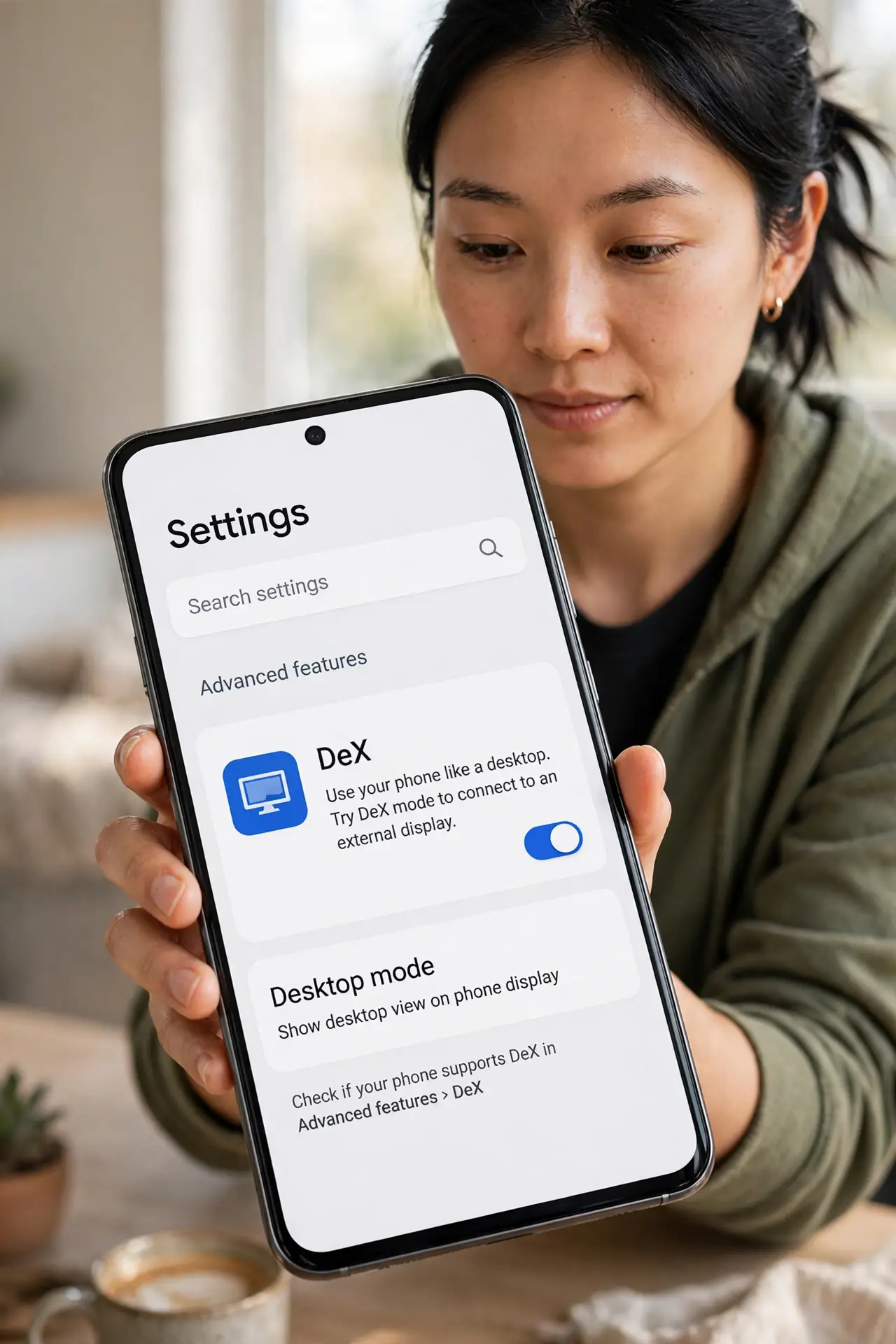 A person performing step 1: Check your phone supports it. Desktop modes are a feature of specific phones — Samsung's DeX and similar. Look.