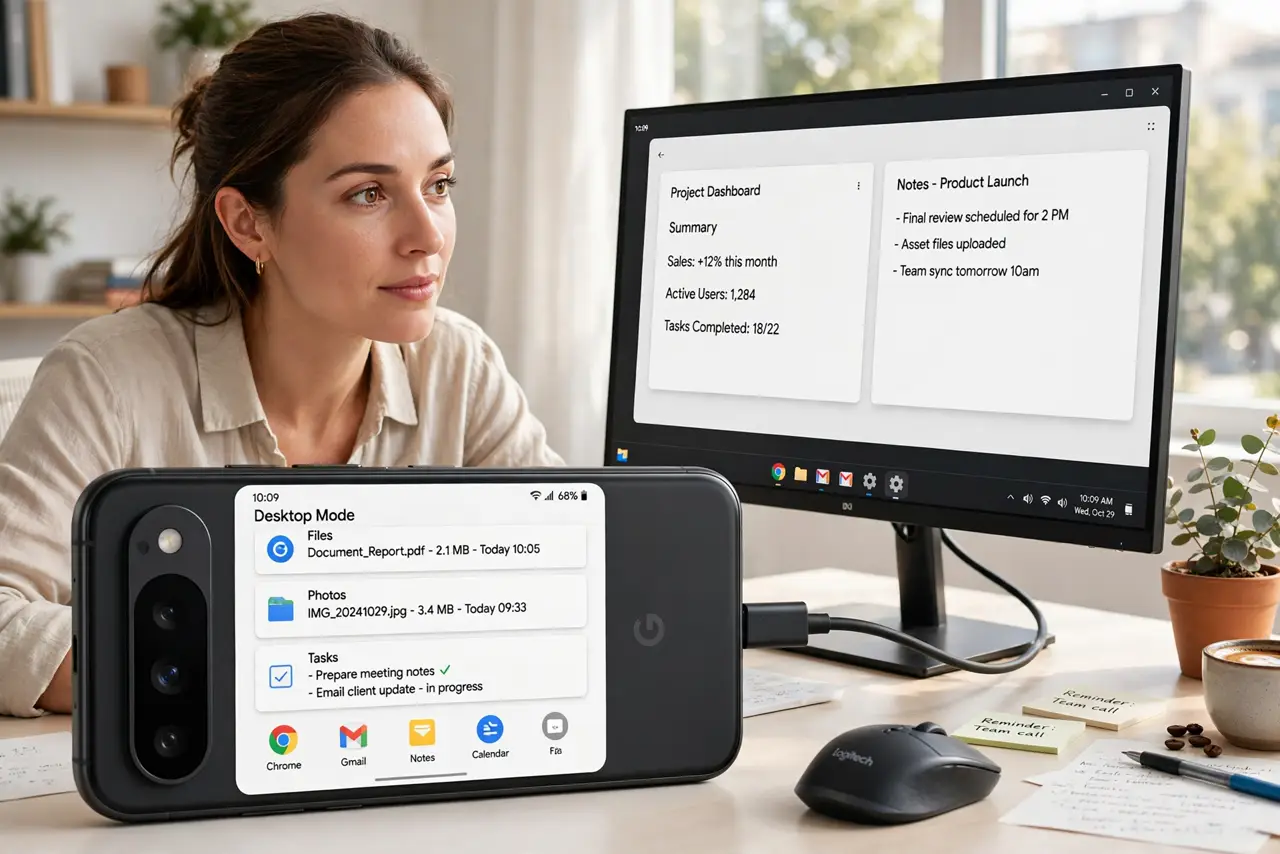 A person using a real Android phone connected by cable to a real monitor showing a desktop-style interface with legible windows and a taskbar, a real mouse beside.