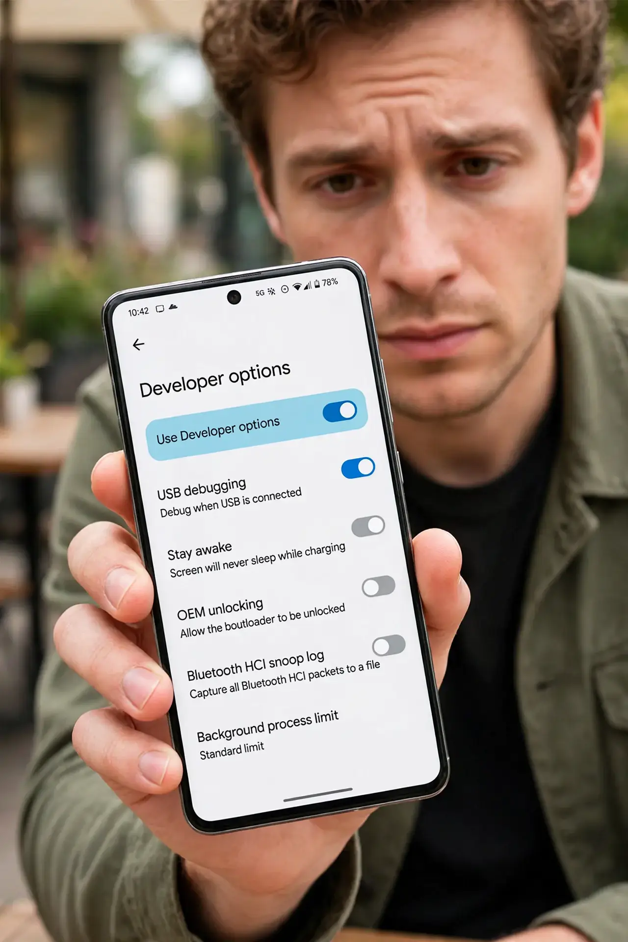 a person holding a real Android phone showing the developer options screen with legible toggles, the person's face curious but cautious. No black screen, no blank white screen, no .