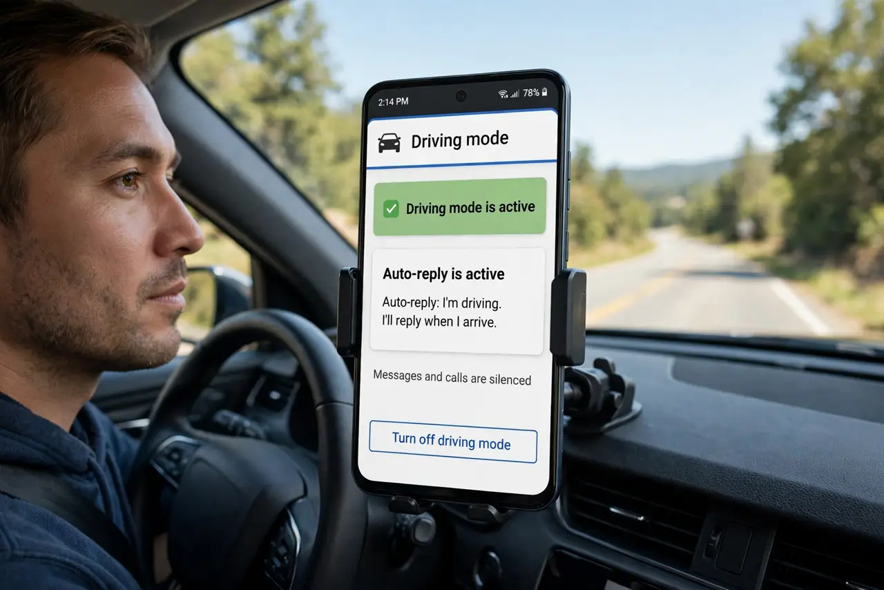 A driver with a real Android phone mounted on the dashboard showing driving mode active with the auto-reply notice legible, road ahead, the driver's face calm and focused.