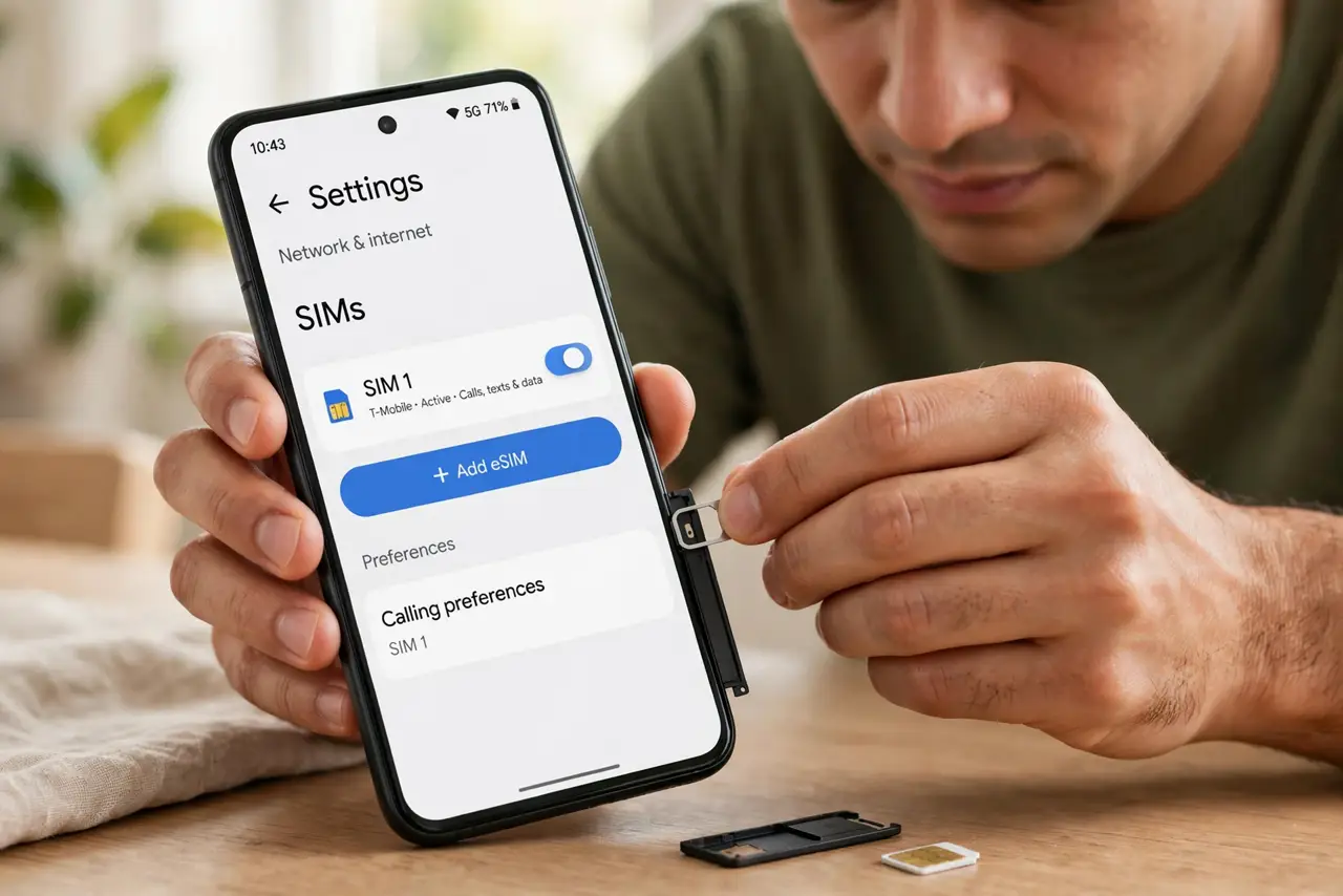 A person performing step 1: Insert the SIMs or add the eSIM.