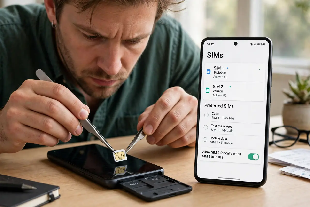 A person inserting a SIM into a real Android phone's SIM tray with tweezers on a desk, the SIM settings screen showing two SIMs fully legible on a second phone nearby, the person's face concentrated.