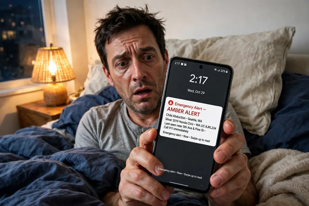 Emergency Alerts Too Loud — a tired adult in bed at night holding a real iPhone showing an emergency alert notification with legible text