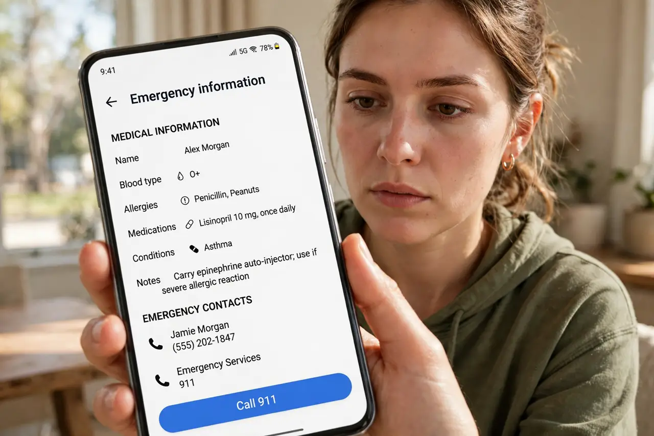 A person viewing emergency information from the lock screen of a real Android phone with medical details fully legible, the person's face serious, indoors.