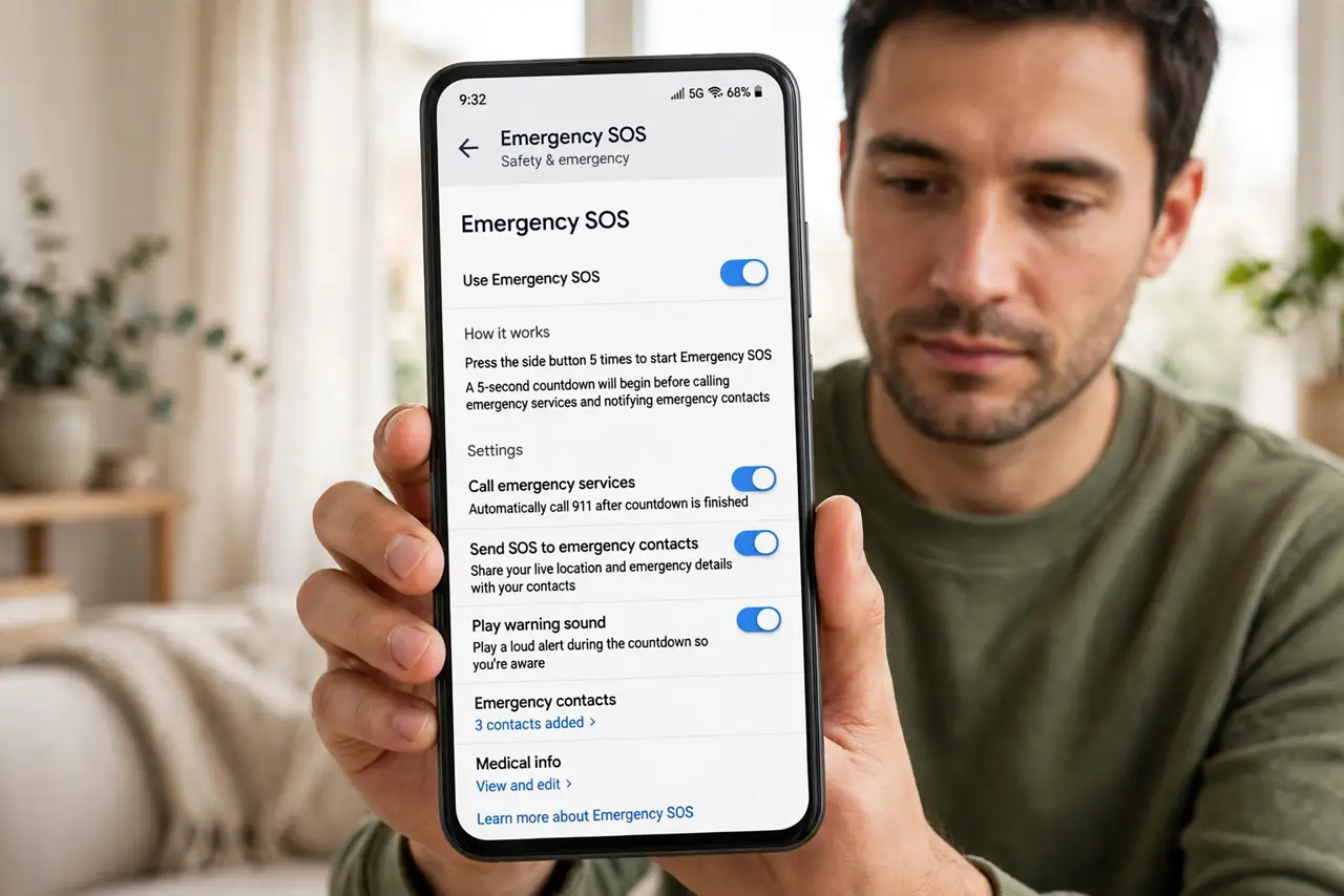 Photoreal photo of a person performing the first step: Find the setting. Open Settings and search for 'SOS' or 'Emergency' — on most Android phones it lives under Safety & emergency. Samsung, Pixel, and ot...