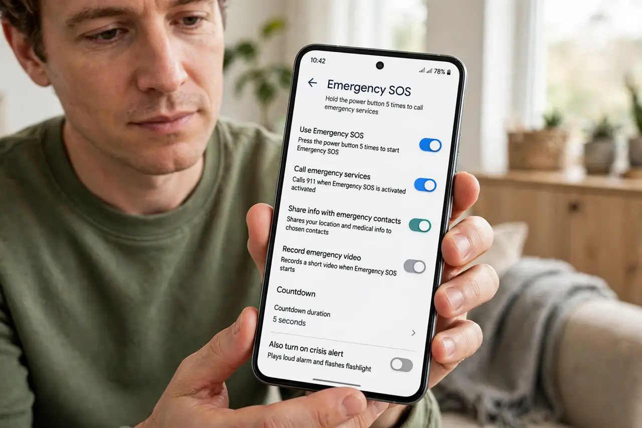 Photoreal photo: a person holding a real Android phone showing the emergency SOS settings screen with legible options, the person's face serious and attentive, home interior. No black screen, no blank white screen, no fa