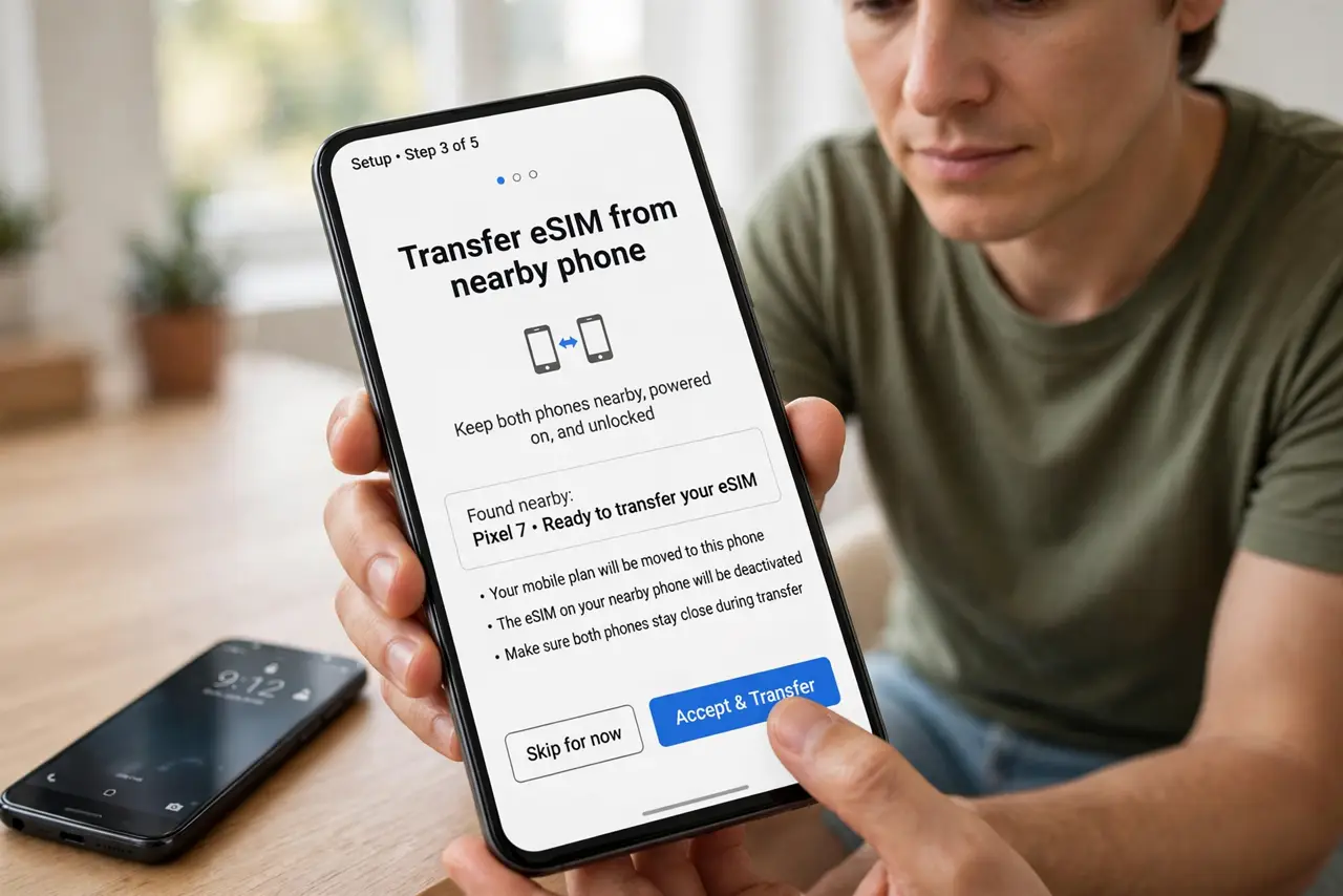 A person performing step 1: Start the transfer during setup. The new phone's setup wizard usually offers to transfer the eSIM from the nea.