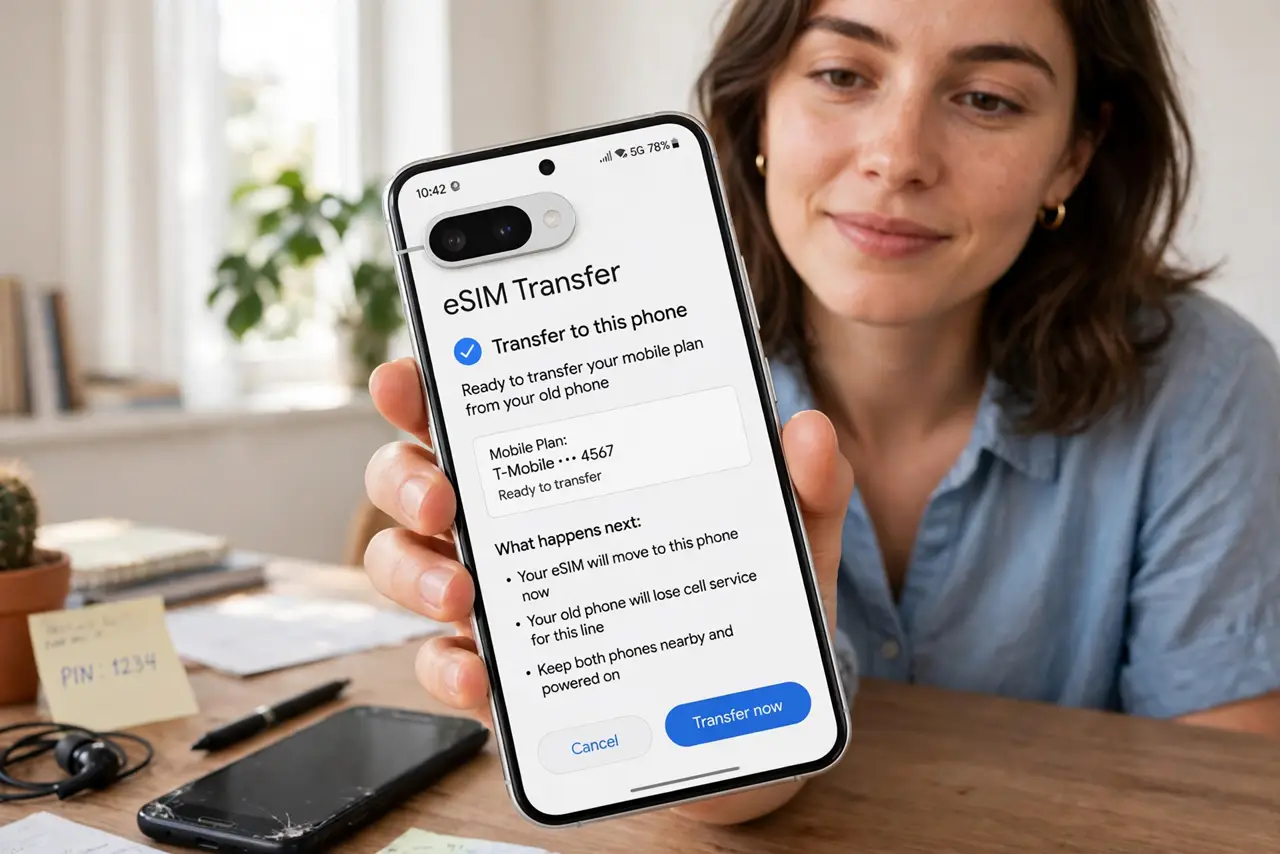 A person holding a real new Android phone large in frame showing a legible eSIM transfer screen, the old phone beside it on the desk, the person's face.
