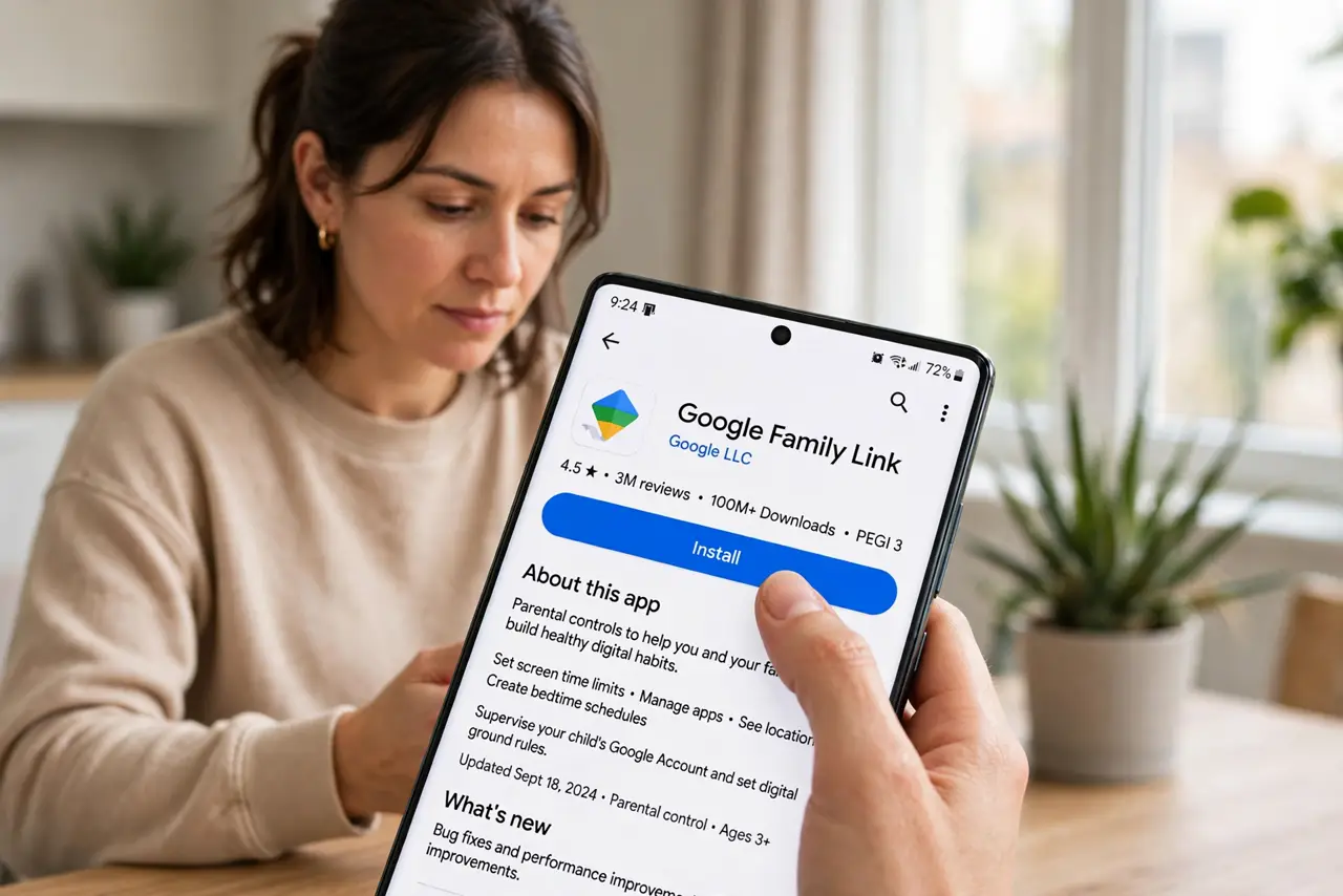 A person performing step 1: Install Family Link on both phones.