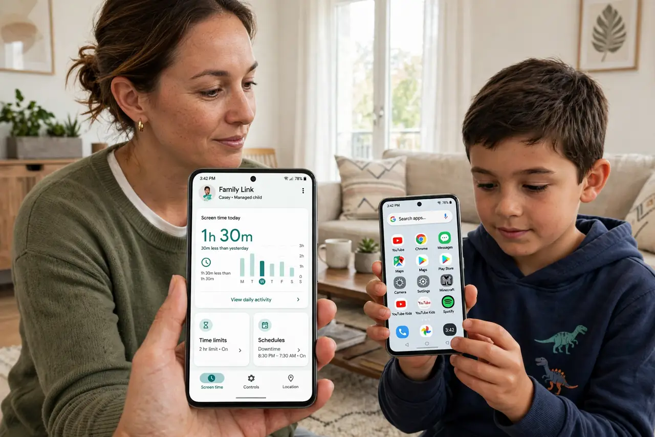 A parent holding a real Android phone showing the Family Link dashboard with screen-time controls fully legible, a child nearby holding their own phone, the parent's face calm and attentive in a bright living room.