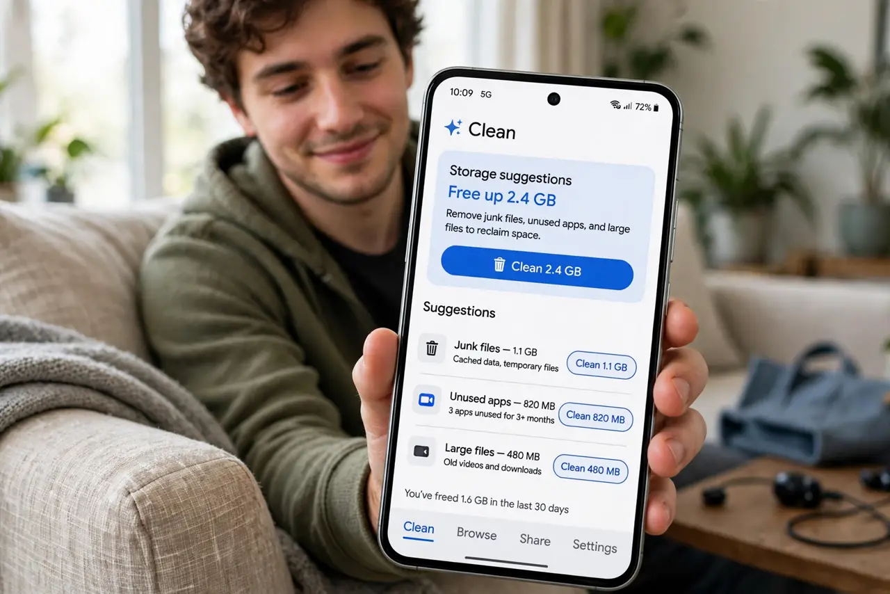 A person holding a real Android phone showing the Files by Google Clean tab with storage suggestions and freed-space numbers fully legible, the person's face relieved, on a couch.