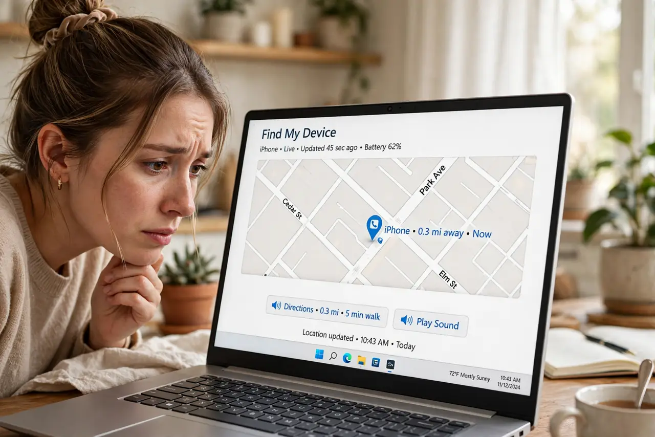 A worried person looking at a real laptop showing a map with a phone location pin legible on screen, the person's face anxious but hopeful, home setting.