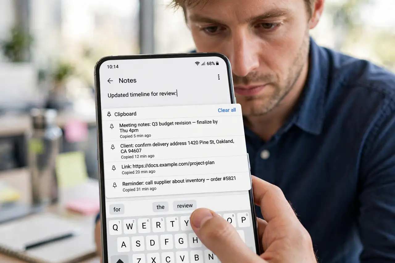 A person typing on a real Android phone, the Gboard clipboard strip open above the keyboard showing several copied text snippets fully legible, the person's face focused and efficient.