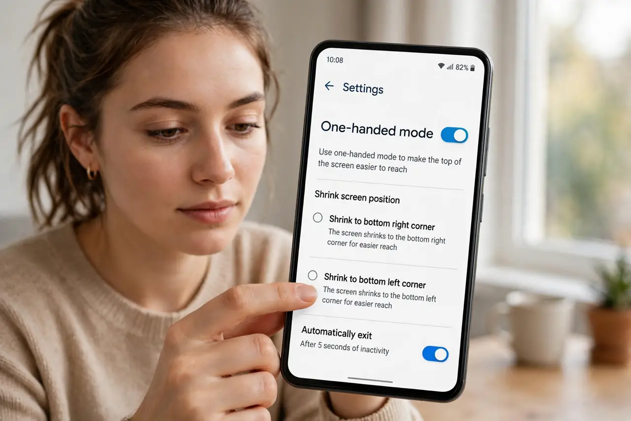 A person calmly performing the guide's first step: Enable one-handed mode.