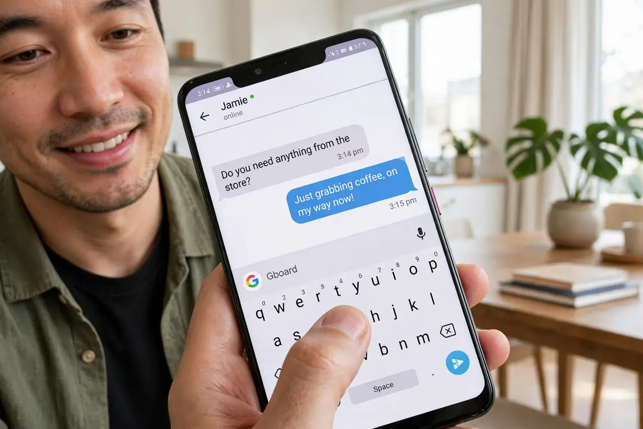 a person holding a real Android phone in one hand, Gboard shrunk to one side with legible keys, thumb typing, the person's face comfortable, bright indoor setting. No black screen,.