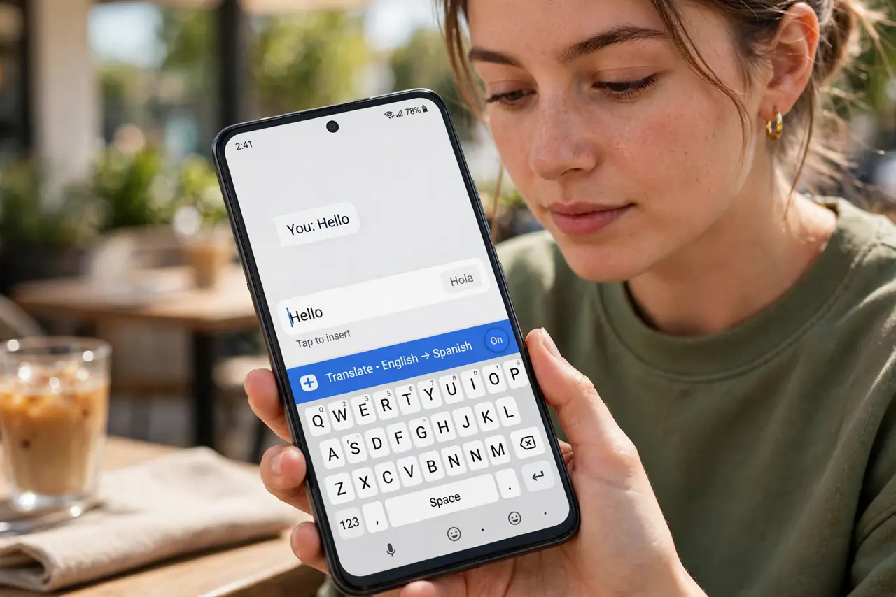 A person calmly performing the guide's first step: Open the translate bar in Gboard.