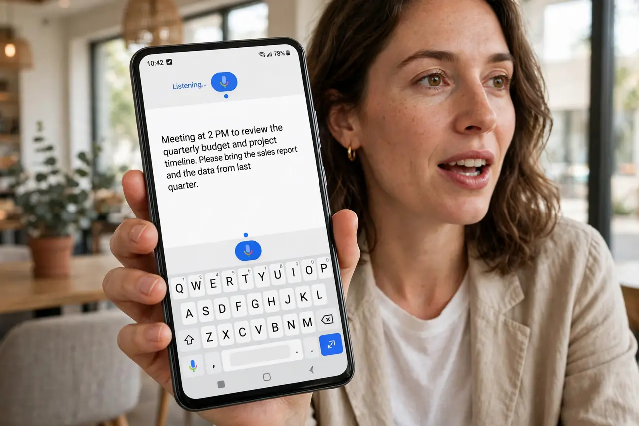 a person holding a real Android phone showing Gboard with the microphone icon visible and dictated text legible on screen, the person speaking naturally, bright indoor setting. No .