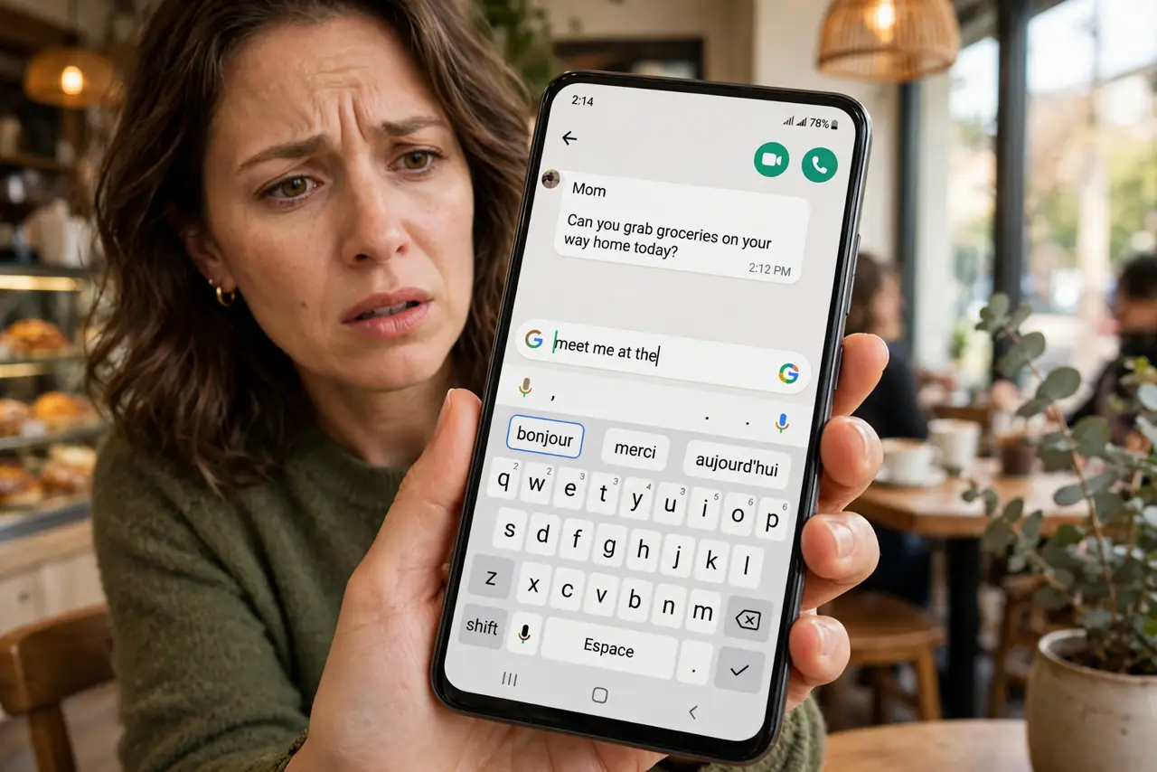 Gboard Suggests the Wrong Language — a puzzled adult holding a real Android phone showing Gboard with word suggestions in the wrong language in ful