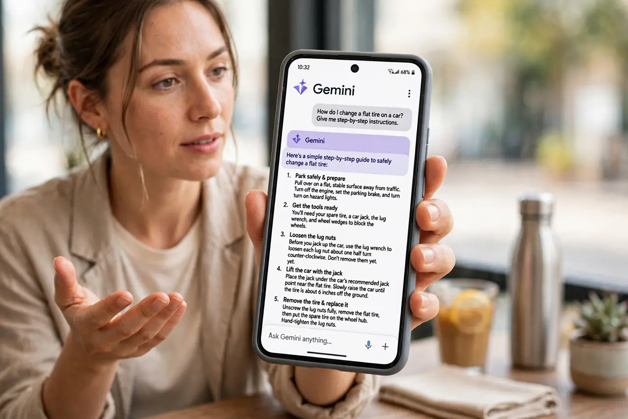 a person holding a real Android phone showing the Gemini assistant screen with a legible prompt and response, the person's other hand gesturing, face curious...
