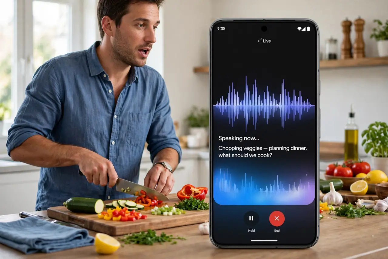 a person cooking in a kitchen with a real Android phone on the counter showing the Gemini Live interface with legible waveform, the person talking while chopping vegetables, the person's face engaged, daytime.