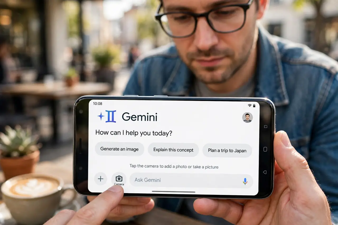 A person performing the first step of the guide: Open Gemini and find the camera.