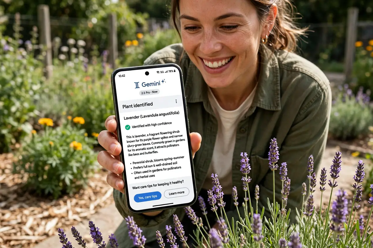 a person holding a real Android phone pointed at a flowering plant, the Gemini interface showing an identification answer with legible text, a garden around them, the person's face delighted, daytime.