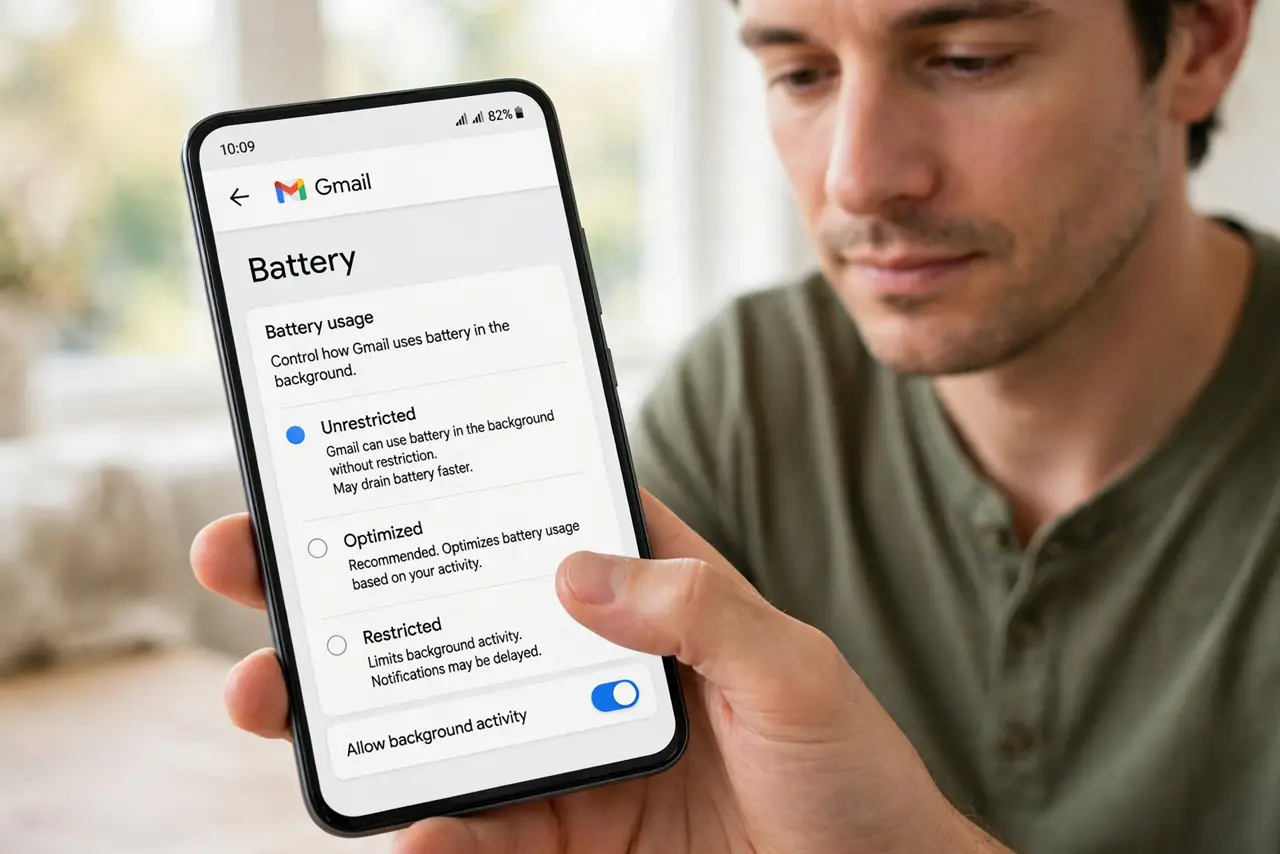Step 1 in action for Gmail Notifications Arrive Late: Set Gmail to Unrestricted battery.