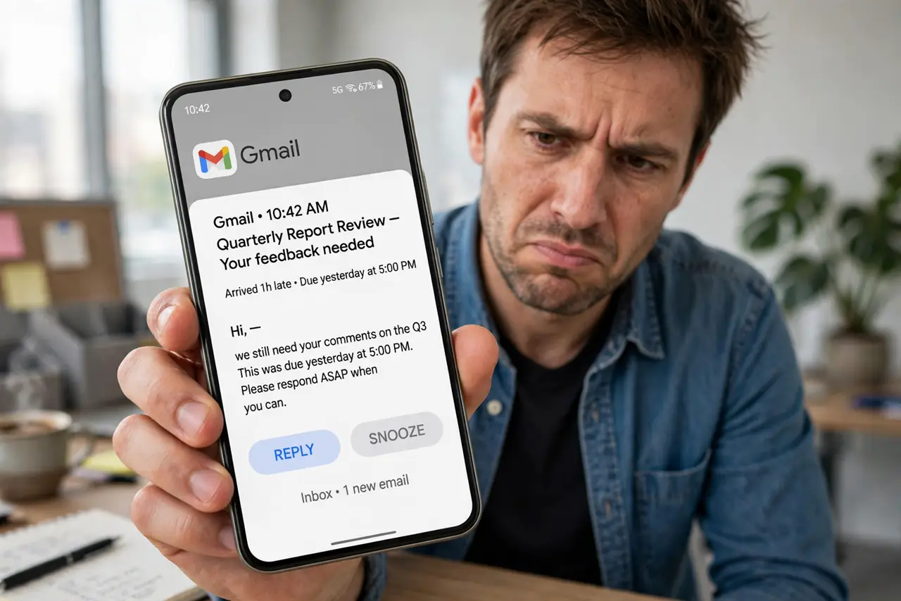Gmail Notifications Arrive Late — an impatient adult holding a real Android phone showing a Gmail notification arriving late with fully legible