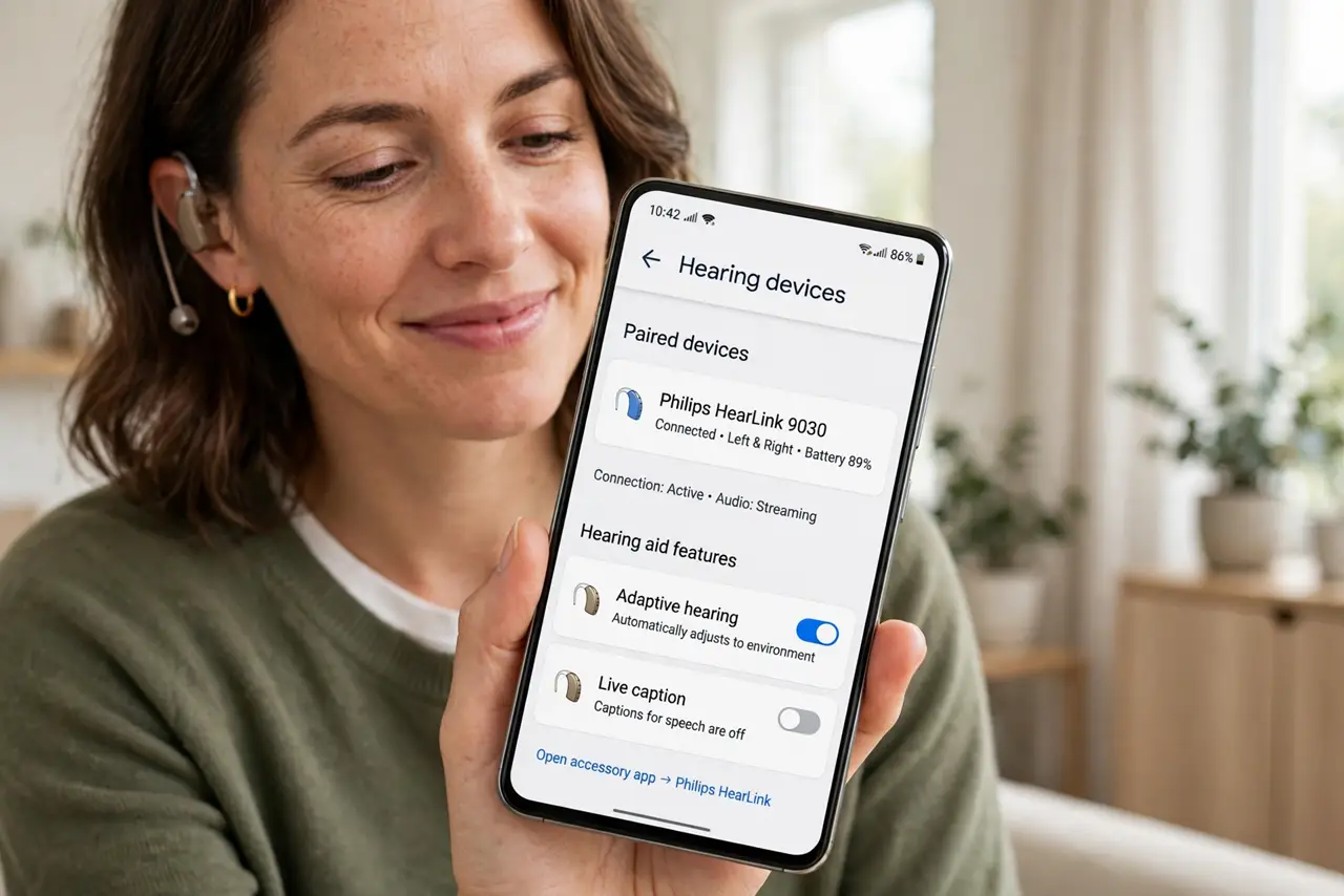 a person holding a real Android phone showing hearing device settings with legible paired device text, a real hearing aid visible near the ear, the person's face relieved, bright i.
