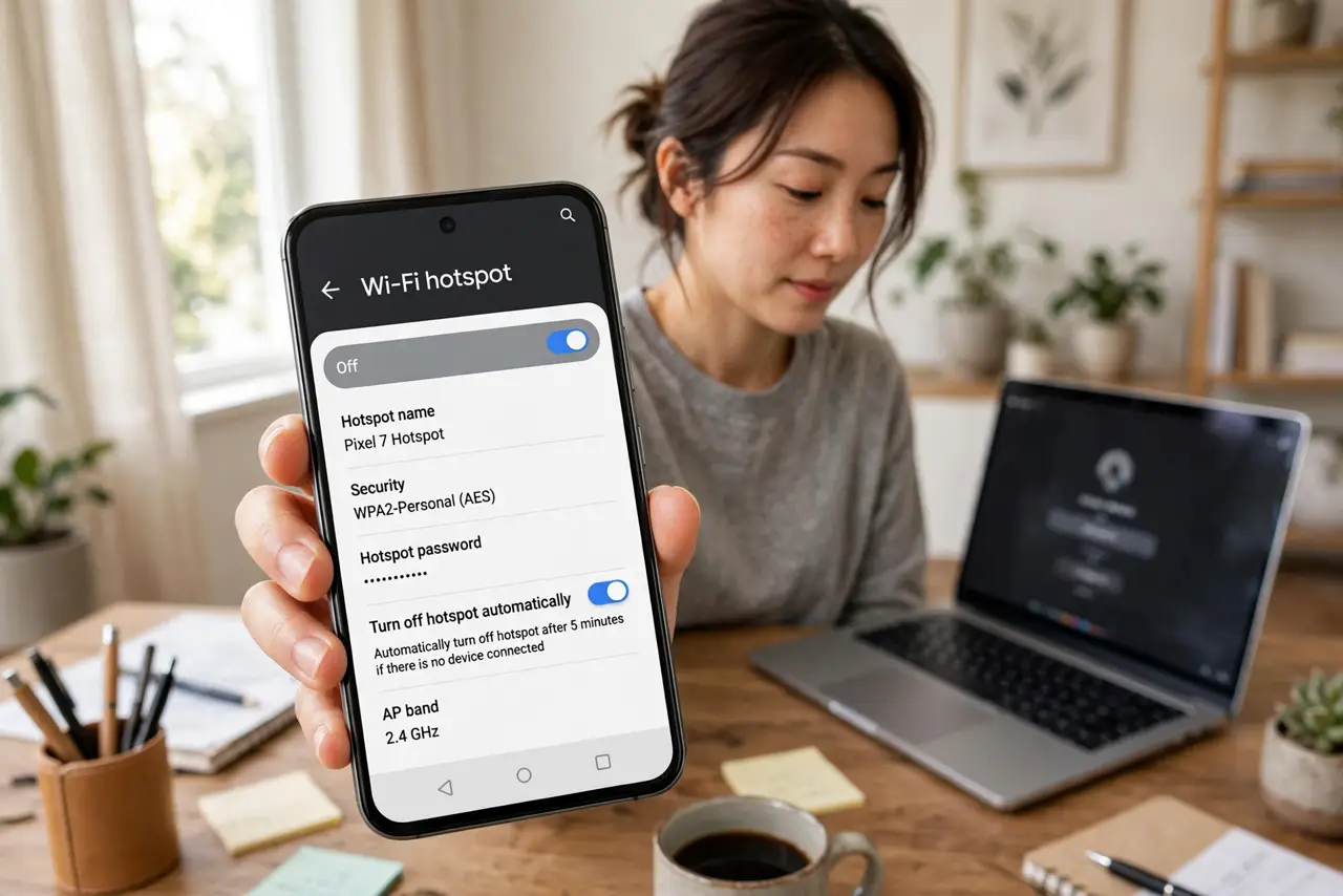 Hotspot Turns Itself Off on Android — a calm adult holding a real Android phone showing hotspot settings with the auto-off toggle in fully legible t