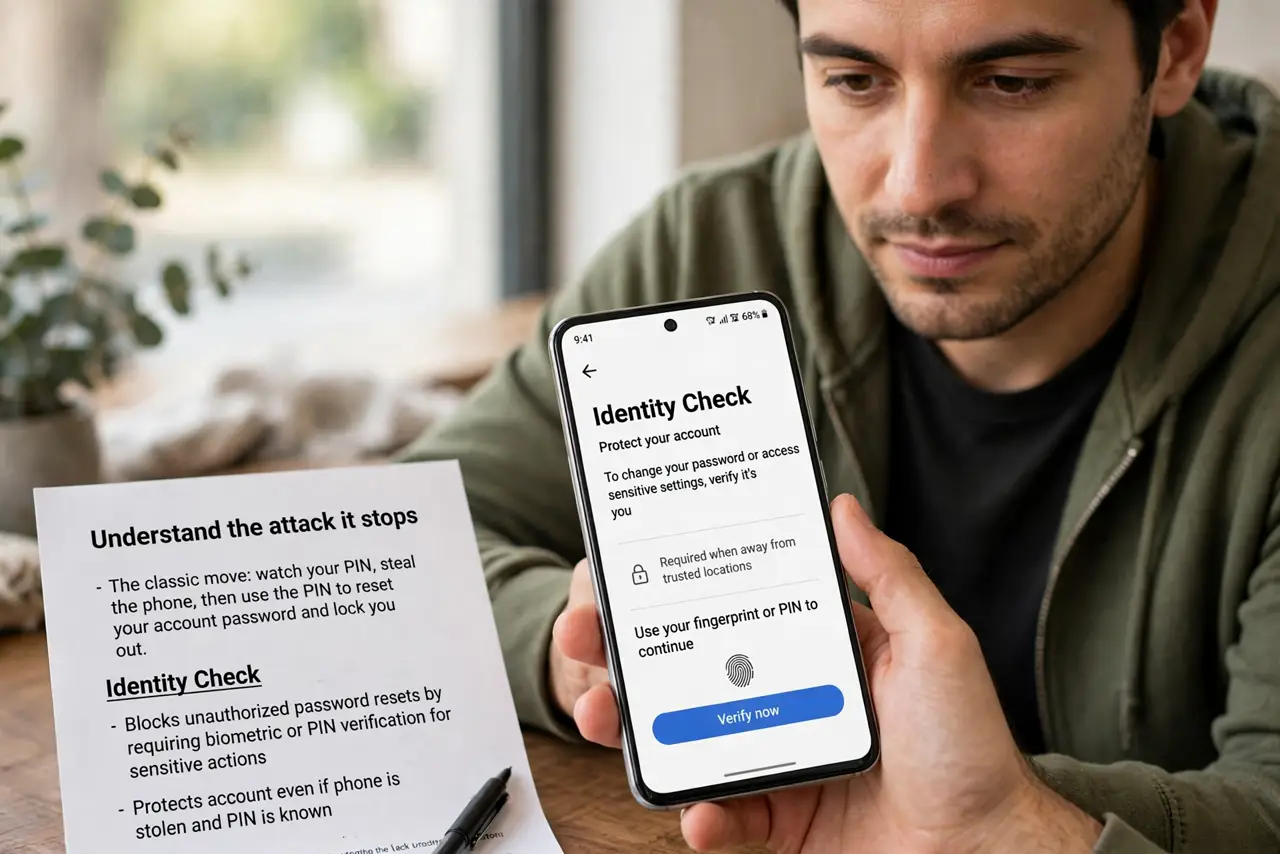 A person performing step 1: Understand the attack it stops. The classic move: watch your PIN, steal the phone, then use the PIN to reset y.