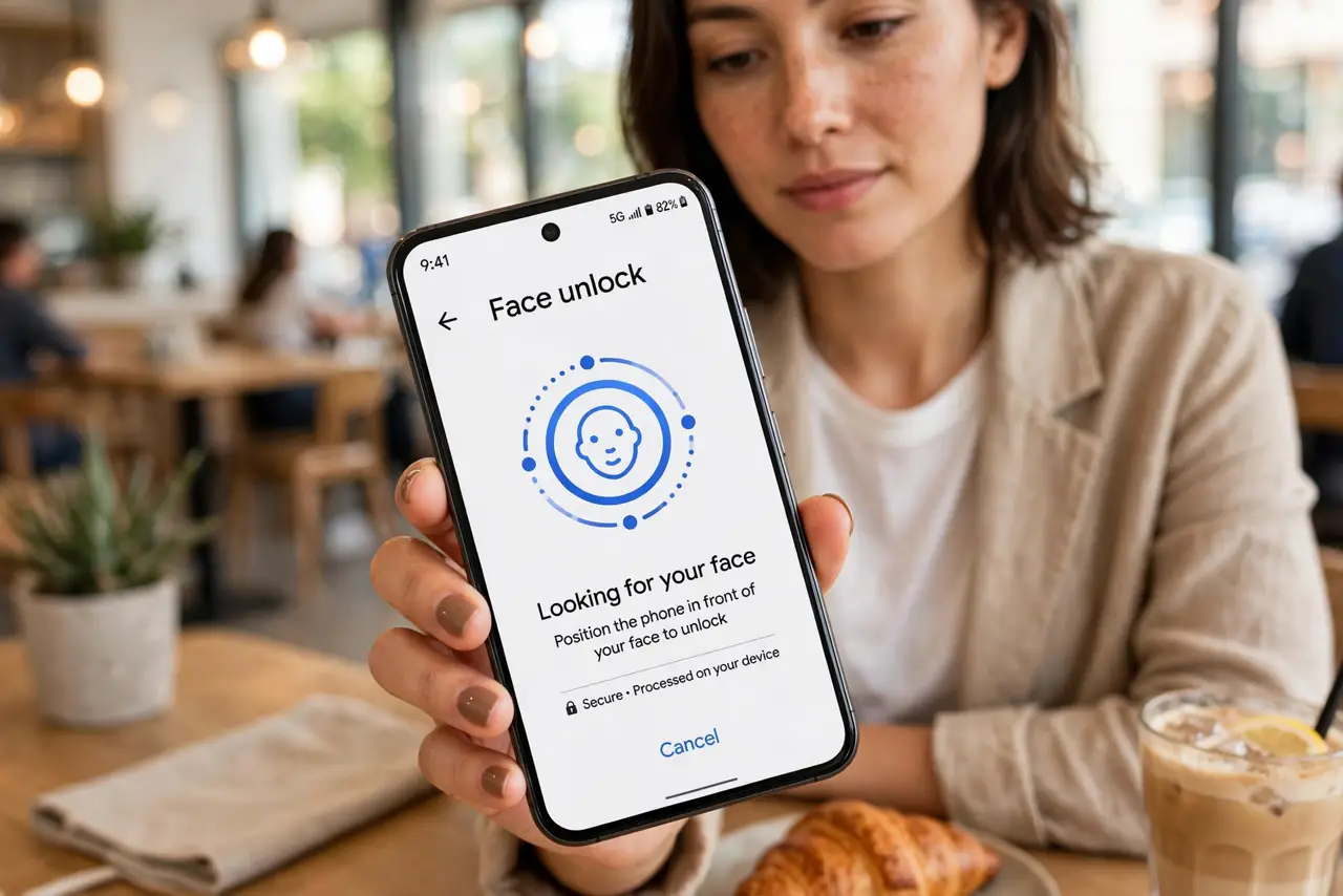 A person holding a real Android phone large in frame showing a biometric face-unlock prompt with legible text on screen, the person's face calm and attentive, bright cafe.