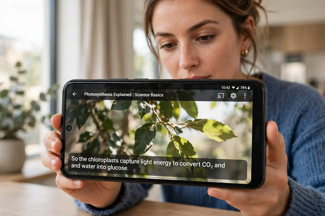 a person holding a real Android phone playing a video with live captions visible and legible over the picture, the person's face attentive, bright indoor setting. No black screen, .
