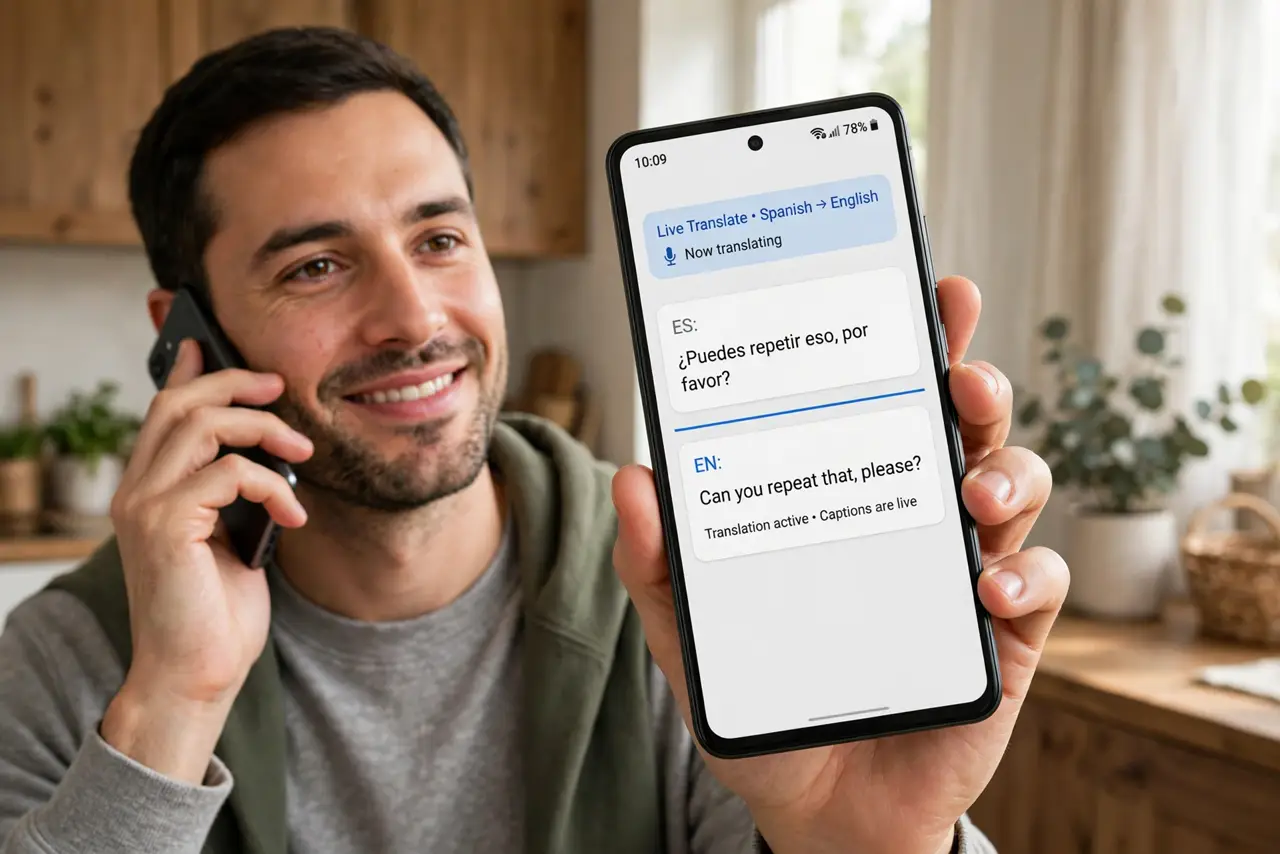 a person holding a real Android phone to their ear with live translated captions visible and legible on screen, the person's face relieved and smiling, home.