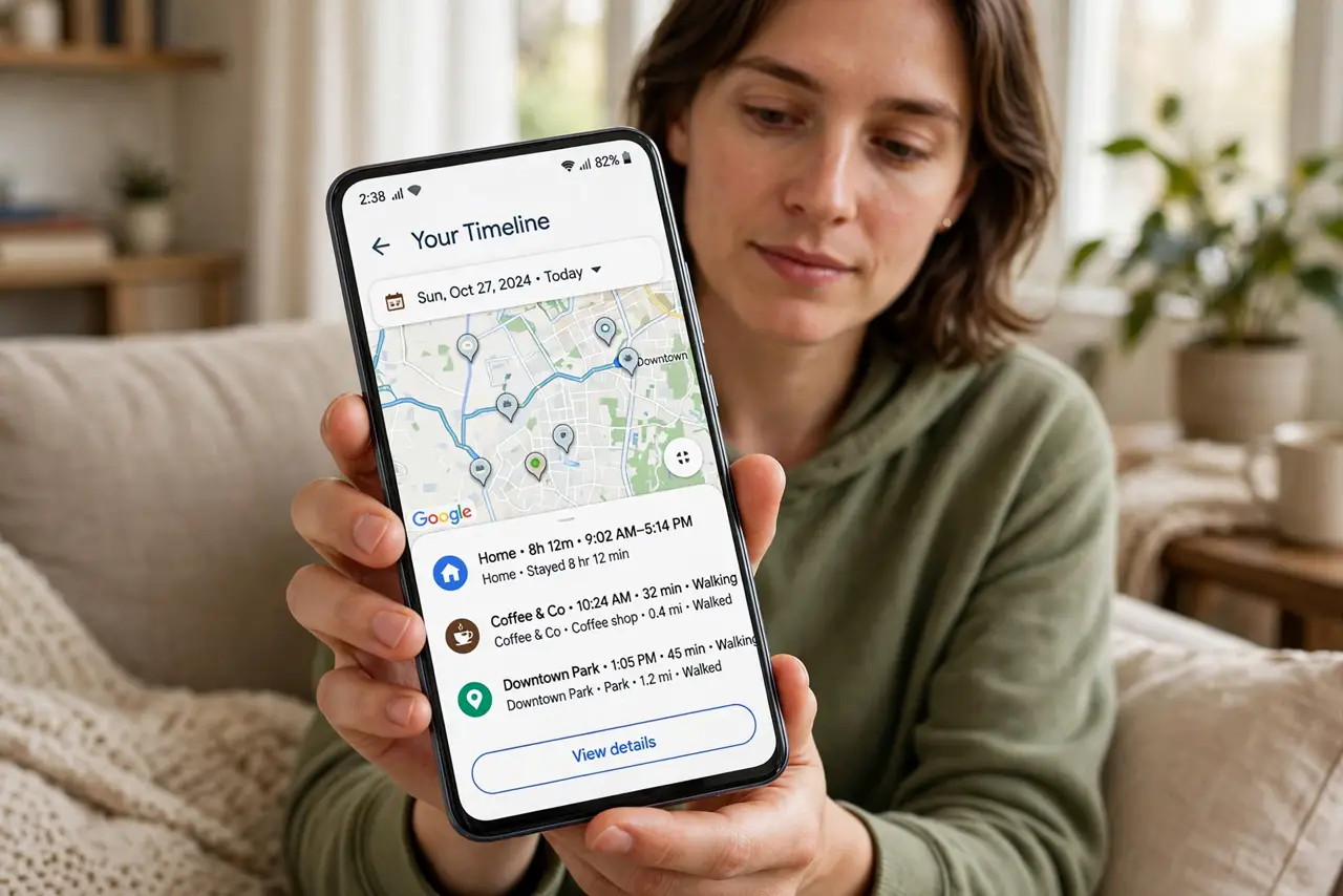Photoreal photo of a person performing the first step: Find your Timeline. On Android, open Google Maps, tap your profile picture, and choose Your Timeline. You will see your movements by day — every stop ...