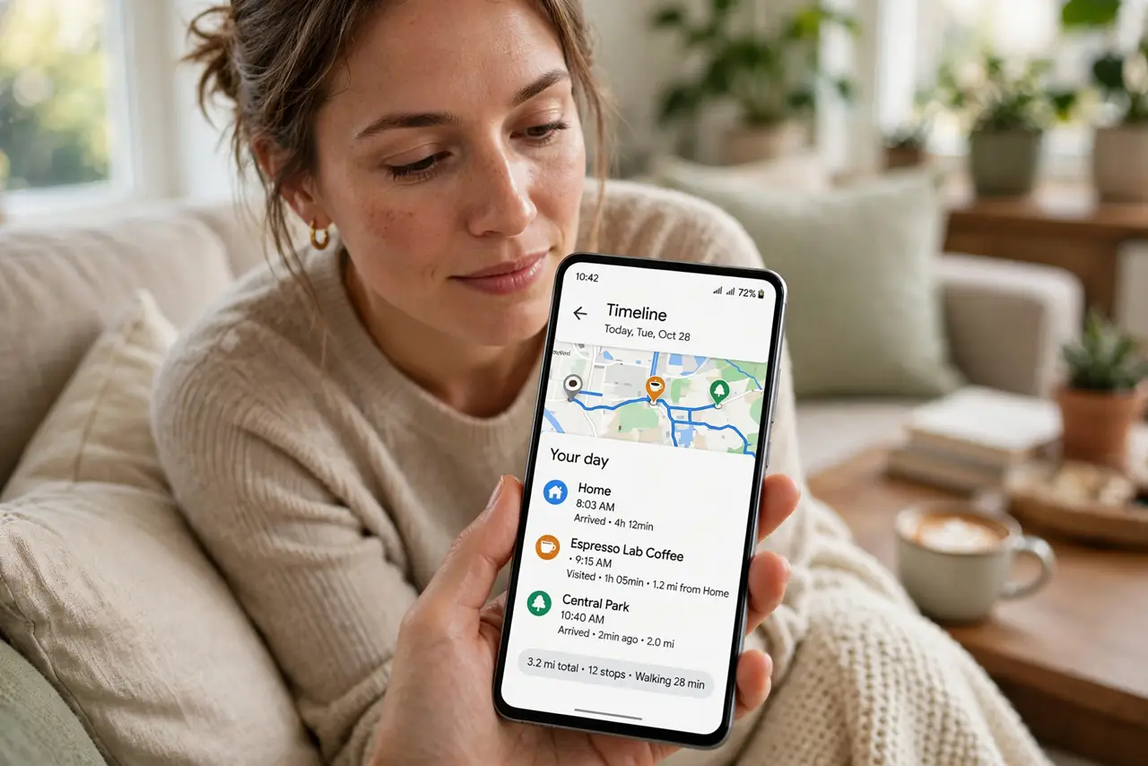 Photoreal photo: a person viewing a real Android phone showing a map timeline with legible location entries, the person's face thoughtful, couch at home. No black screen, no blank white screen, no fake or garbled screen